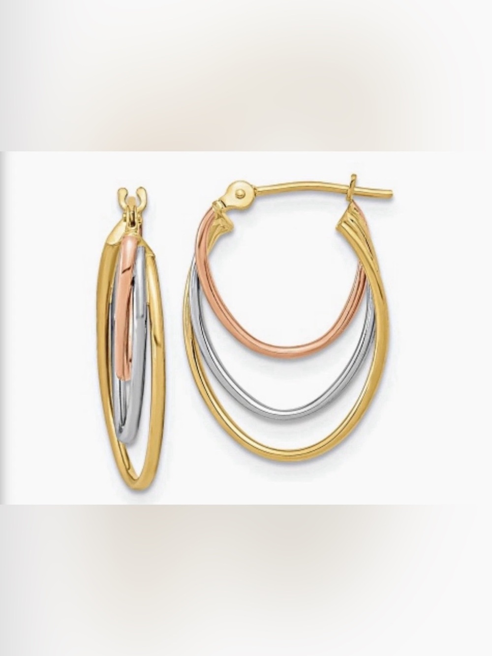 14K 3-Tone Yellow, White and Rose GOLD Triple Hoop Earrings Graduated Oval 11mm
